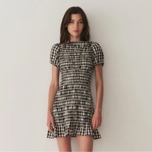 Doen Rizzo Linen Smocked Boat Neck Short Puff Sleeve Mini Dress Marilyn Gingham